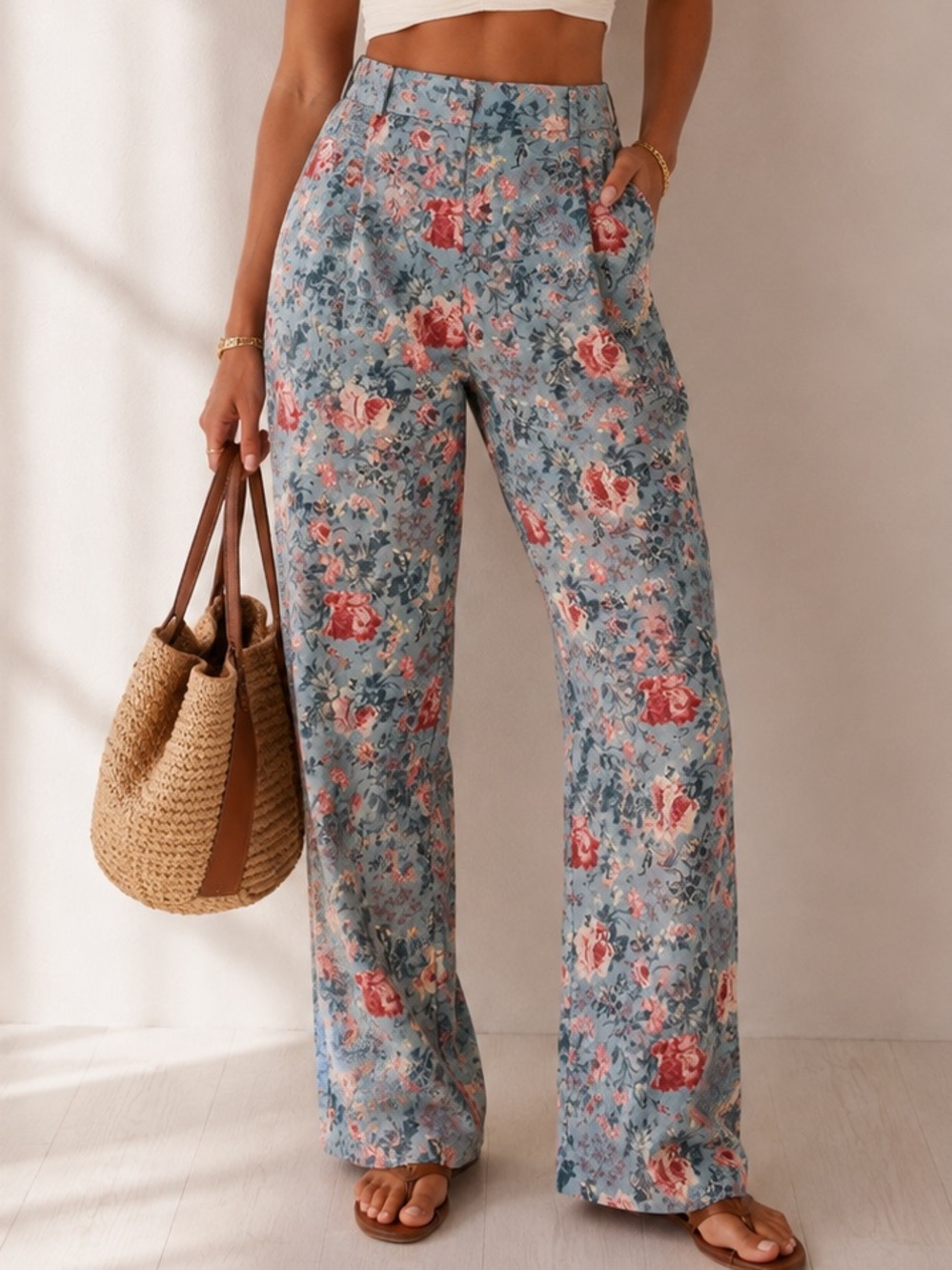 $220 WAYF Floral Wide-Leg Pants in Blue Medium Linen New